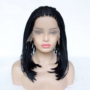 Box Braided Wigs Bob Lace Front Wig for Women Natural Black Glueless Short Bob Braided Lace Wig Middle Part Half hand Tied