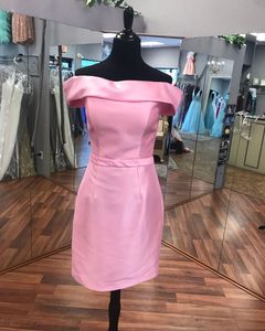 Pink Satin Homecoming Dress 2020 Sheath Off-the-Shoulder Short/Mini Formal Party Cocktail Sweet 16 Prom Gown Zipper Bridesmaid Maid of Honor