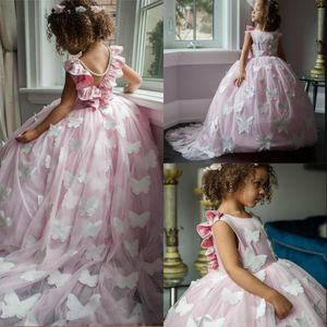 Girl Lovely Flower Dress with Handmade Butterfly Pearls Train V Back Puffy Tulle Girls Pageant Gowns Cheap Kids Formal Wears s