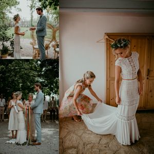 Abiti da sposa da spiaggia a sirena in due pezzi con manica 2023 O-collo Abito da sposa vintage in pizzo bohemien da campagna all'uncinetto