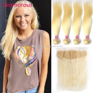 Cabelo humano loiro glamoroso com fecho frontal de renda brasileiro indiano peruano malaio 13x4 orelha a orelha frontal do cabelo loiro com 4 pacotes