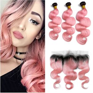 # 1b / Pink Ombre Wiązki Włosów Body Wave Brazylijski Human Hair 3 z Frontal Ombre Różowe Ludzkie Włosy Wefts Z 13x4 Koronki Frontal Zamknięcie