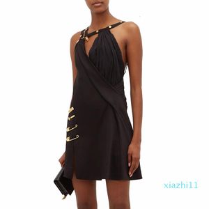 여성을위한 패션 비대칭 패치 워크 핀 드레스 2020 브랜드 똑같은 스타일 패션 스파게티 끈 어깨 높은 허리 파티 드레스