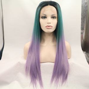 28inches long Purle Ombre green wig Straight Synthetic Lace Front Wig Heat Resistant Glueless Three Tones brazilian full wig for Black Women