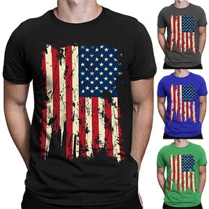 Erkek Yaz Amerikan Bayrağı Baskı Moda Rahat Katı Delik O-Yaka Kısa Kollu T-Shirt Üstleri Destek Toptan ve Dropship