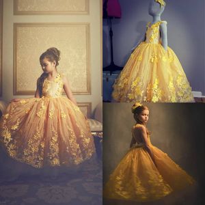 Bonito amarelo flor menina vestidos de jóias pescoço rendas 3d floral appliqued a line meninas pageant dress real pictures crianças vestido de festa de festa desgaste