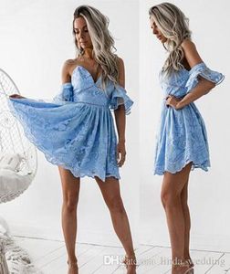2019 Billiga Sexiga Ocean Blue Lace Cocktail Dress V Neck Kort Mini Semi Club Wear Homecoming Graduation Party Gown Plus Size Custom Make