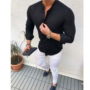 2019 Mężczyźni Casualna solidna koszula z długim rękawem Slim Fit Male Social Busines