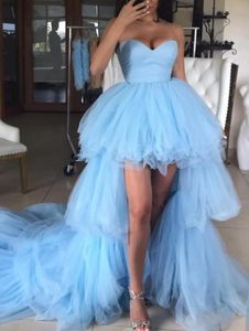 Prom Dresses 2020 Wieczór Sexy Sky Blue Hi-Lo Plees Deep V Neck Arabski Dubai Formalna okazja Suknie Top Sexy Backless