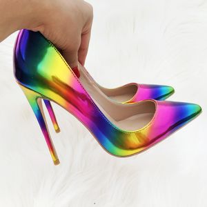 Livre Moda Mulheres Bombas Designer High Heel Rainbow Patent Leather apontado Toe Stiletto Heels Brand New Lady 12cm 10cm 8cm