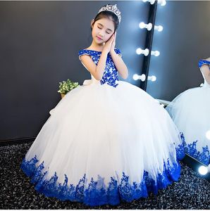 Long Princess Cinderella Flower Girl Dresses Off-the-shoulder Floor Length Ball Gown Blue Kids Pageant Gowns Newest Design Custom Made