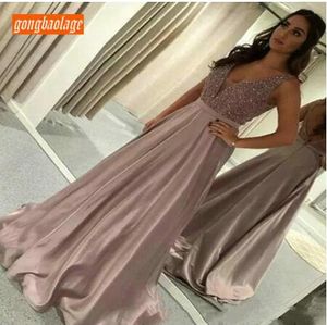 Mode Frauen Rosa Lange Ballkleider rückenfrei 2019 Formelle Kleidung Party V-Ausschnitt Pailletten Elastischer Satin Bodenlang Günstiges Abendkleid