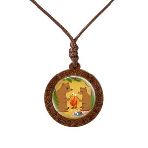 Wholesale vintage female photos for sale - Group buy Cartoon Story Glass Pendant Real Wood Necklace Illustration Cartoon Photo Handmade Art Vintage Necklace Female Children Gift