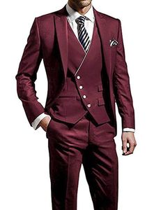 Nova Alta Qualidade Um Botão Borgonha Casamento Noivo Smoking Pico Lapela Groomsmen Mens Ternos Do Partido Do Jantar (Jacket + Pants + Vest + Tie) 550