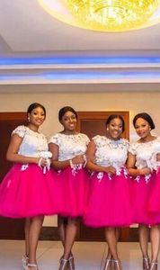 Wholesale plus size hot pink bridesmaid dresses resale online - Lovely Short African bridesmaid Dress Plus size White Lace Hot Pink Skirt With Sleeves A line Cheap Bridesmaid Prom Evening Party Dresses