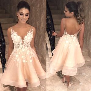 Sexy Backless Champagne Party Dresses V Sheer Neck Straps 3D Floral Applique Cocktail Eevning Dress Homecoming Formal Wear Custom Made M91