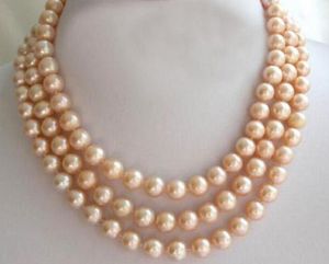 Bellissima collana di perle naturali rosa a 3 file da 8-9 mm dei mari del sud da 17-19 pollici con chiusure in oro 14k