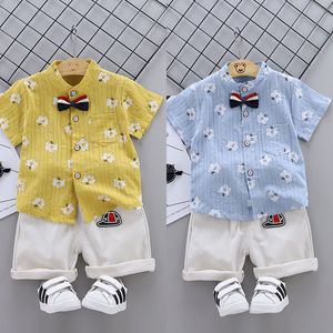 2019 Trend Style Summer Cotton Cotton Collar Stamping Pattern Tie con camicia a maniche corte e pantaloncini Due pezzi per ragazzi e ragazze