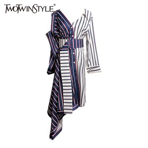 Twotwinstyle Asymmetrical Shirt Dress Women Off Shoulder Striped Sexy Dresses Female With Wide Belt Patchwork Clothing Autumn Y19052901