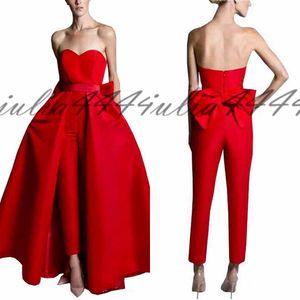 2019 Red Jumpsuits Celebrity Evening Dresses With Detachable Skirt Sweetheart Strapless Satin Guest Dress Prom Party Gowns