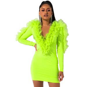 Kvinnor Sexig Mesh Bodycon Casual Dresses Deep V Neck Low Cut Ruffled Långärmad Mini Dress Clubwear