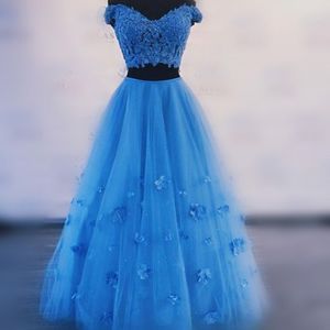Blue Two Pieces Prom Dresses Lace Top And Tulle Long Skirt Evening Gowns Floor Length Cocktail Party Dress Cheap