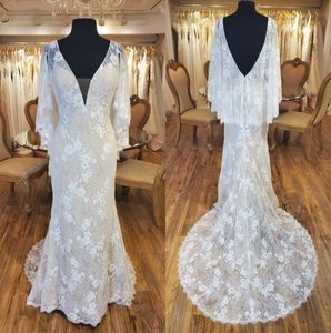 Fit and Flare Lace Sukienka ślubna 2020 Drapowane rękawy Plunge Dekolt Open Back Court Train Robe de Mariage Ivory Suknie Bridal Suknie Custom