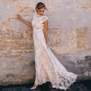 Vintage Champagne Lace Bohemian свадебное платье линия втулки крышки мягкий тюль Лук Sash Свадебные платья Vestidos де Novia 2020