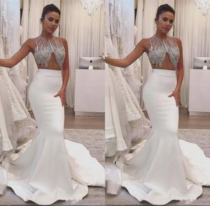 New Hot Sexy Mermaid Prom Dresses Illusion Neck Crystal Beading Backless White Satin Evening Dress Wear Party Pageant Formal Gowns