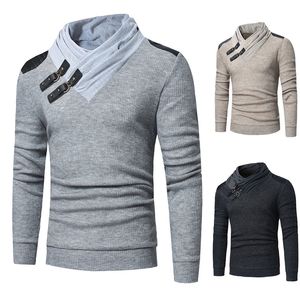 2020 Jesień Zima Mężczyźni Moda Skórzana Klamra Patchwork Slim Fit Knitwear Sweter Mężczyzna Casual Plus Size Pull Homme Suher