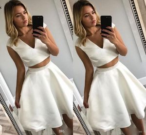 Sexy Two Piece Homecoming Dress V Neck Sleeveless Above Knee Length Satin Short Party Prom Gowns Satin Cocktail Dresses Custom Made