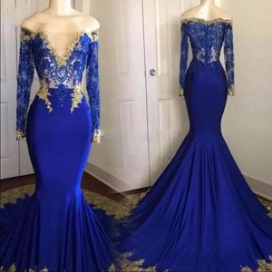 Royal Blue Пром платья Gold аппликациями вечера Mermaid мантий Sheer шеи шнурок с длинными рукавами Формальное платье сшитое