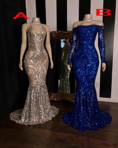2023 Sparkly Royal Blue Silver Lantejoulas Vestidos de Noite Desgaste Illusion Lantejoulas Lace Alças Sereia Mangas Compridas Vestidos de Festa Formal Vestido de Baile