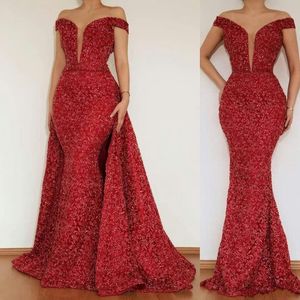 Stunning Mermaid Prom Dresses With Detachable Train Off Shoulder Lace Beaded Evening Gowns for Reception Wear Sweep Train Formal Party Dress