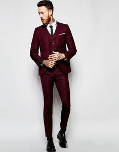 Nowy Styl One Button Wino Ślub Groom Tuxedos Notch Lapel Groomsmen Mężczyźni Garnitury Prom Blazer (Kurtka + Spodnie + Kamizelka + Krawat) No: 1994