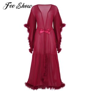 Sexy Womens Lingerie Long Bathrobe Nightgowns Malha Ver através de roupões de dama de honra flare mangas penas maxi sleepwear vestido