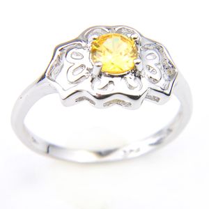 Presentes Luckyshine aniversário forma amarelo citrino Zircon Anéis 925 Flor de prata anéis de mulheres do partido de acoplamento Jóias