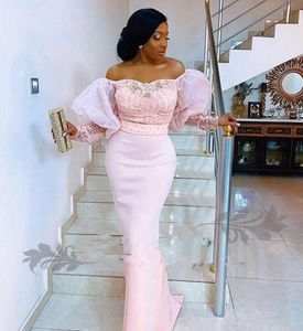 2020 Nigerian Mermaid Prom Dresses Off Shoulder Lace Beaded Satin Puff Sleeves Sexy Open Back Special Occasion Formal Party Evening Gowns