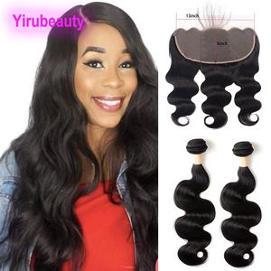 Indian Virgin Raw Human Hair Body Wave Two Bunds med 13x6 spets frontala babyhår med stängningar med stängningar gratis del