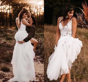 2020 High Boho Low Dresses Tiered Tulle kjol Spaghetti Straps Spetsapplikationer Plus Size Country Wedding Gown Vestido de Novia