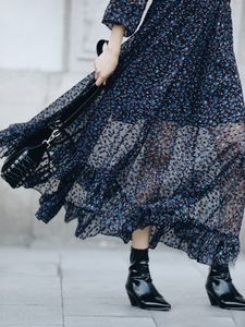 2020 Spring Summer Långärmad V Neck Multicolor Polka Dot Print Asymmetry Mid-Calf Dress Women Fashion Dresses W1815116