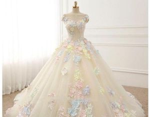 Elegant A Line Chapel Wedding Dresses Colorful Flower Lace Up Appliques With Long Train Bridal Gowns Plus Size Wedding Dress robe de mariée