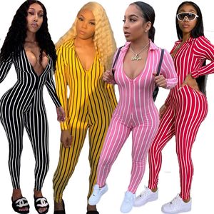 Fall winter Women stripe Jumpsuits fashion V neck bodysuits sexy long sleeve Rompers leggings Casual plus size striped Overalls pants 2408