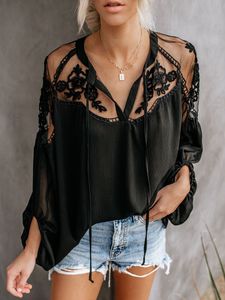 Europe Fashion Women's Lace Chiffon Blouse Embroidery Transparent Loose Tops Blouse Shirt Black White C4686