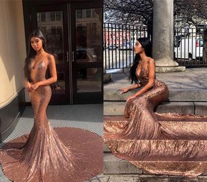 Long Rose Gold Sequined Evening Dresses Mermaid Spaghetti Straps Backless Graduation Holiday Wear Formal Party Prom Gowns Plus Storlek