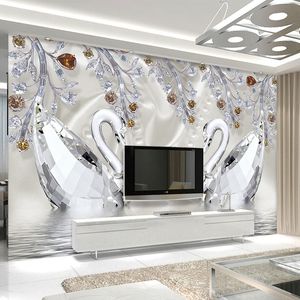 Stereo Photo Wallpaper 3D cristal de diamante Swan Lake Romantic Fundo bonito Jewelry TV Mural Style 3 D Decor Europeia