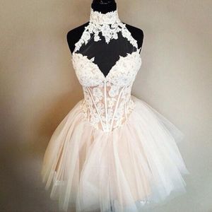 Exposed Boning Short Homecoming Dresses WIth High Neck Halter Sheer Neck Sexy Back Short Party Dress Tulle Appliques Lace Prom Gowns