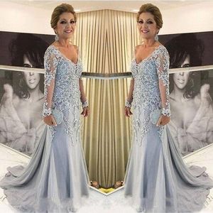 Szara Mermaid Matka panny młodej Sukienki Sheer Długie Rękawy Nowy 2019 V-Neck Koronki Zroszony Aplikacja Groom Matki Sukienki Wieczorowe Suknie Party