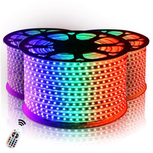 110V LEDストリップ10M 50M高電圧SMD 5050 RGB LEDストリップライト防水+ IRリモコン+電源