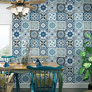 Azul Romântico Bohemia Nacional Faux Azulejo em relevo papel da capa Papel de Parede Parede Azulejo marroquino Estilo Mosaic Vinyl pvc